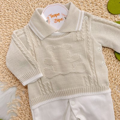 Macacão Beth Bebê de malha com tricot Ursinho - Areia e Branco